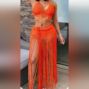 TIK TOCK SHOP 2 PIECE HALTER TOP & FRINGE KNITTED  SKIRT SET